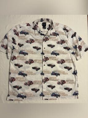 Cotton Trader Sport Short-Sleeve Button Up Shirt, "Drive In" Vintage Car Pattern